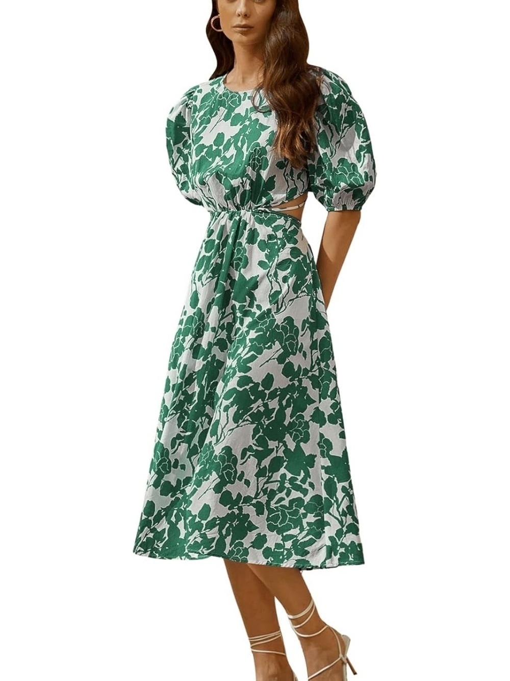 Green Floral Print White Maxi Dress with Puff Sleeves